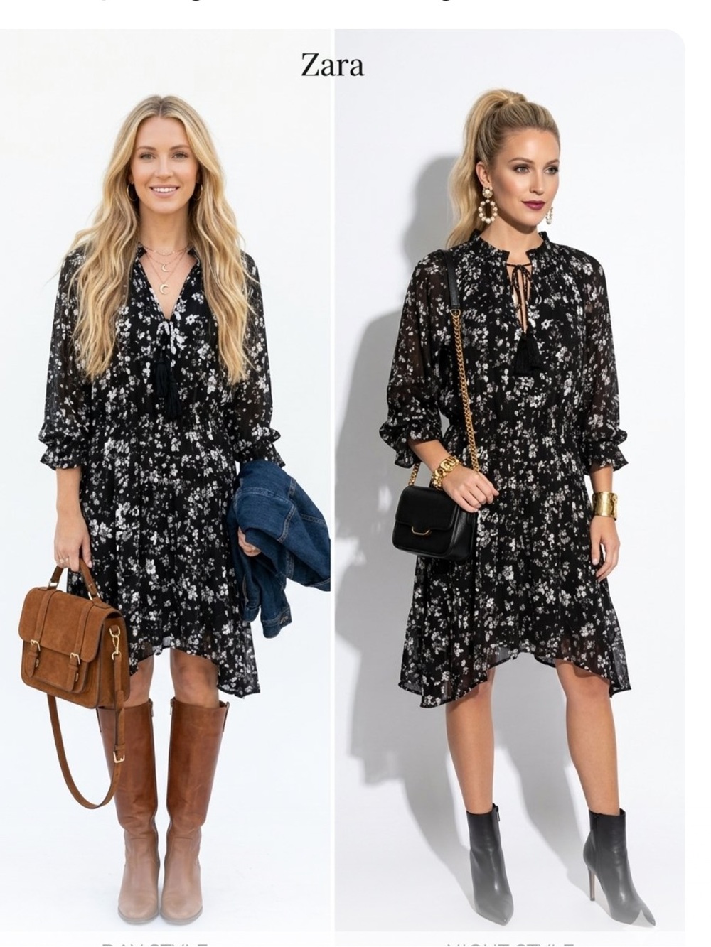 Zara Black Asymmetrical Dress with Floral Design With Elastic Waist & Tassels
